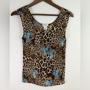 Vintage Y2K  Brown Leopard Print waffle Tank with Blue Floral Accents